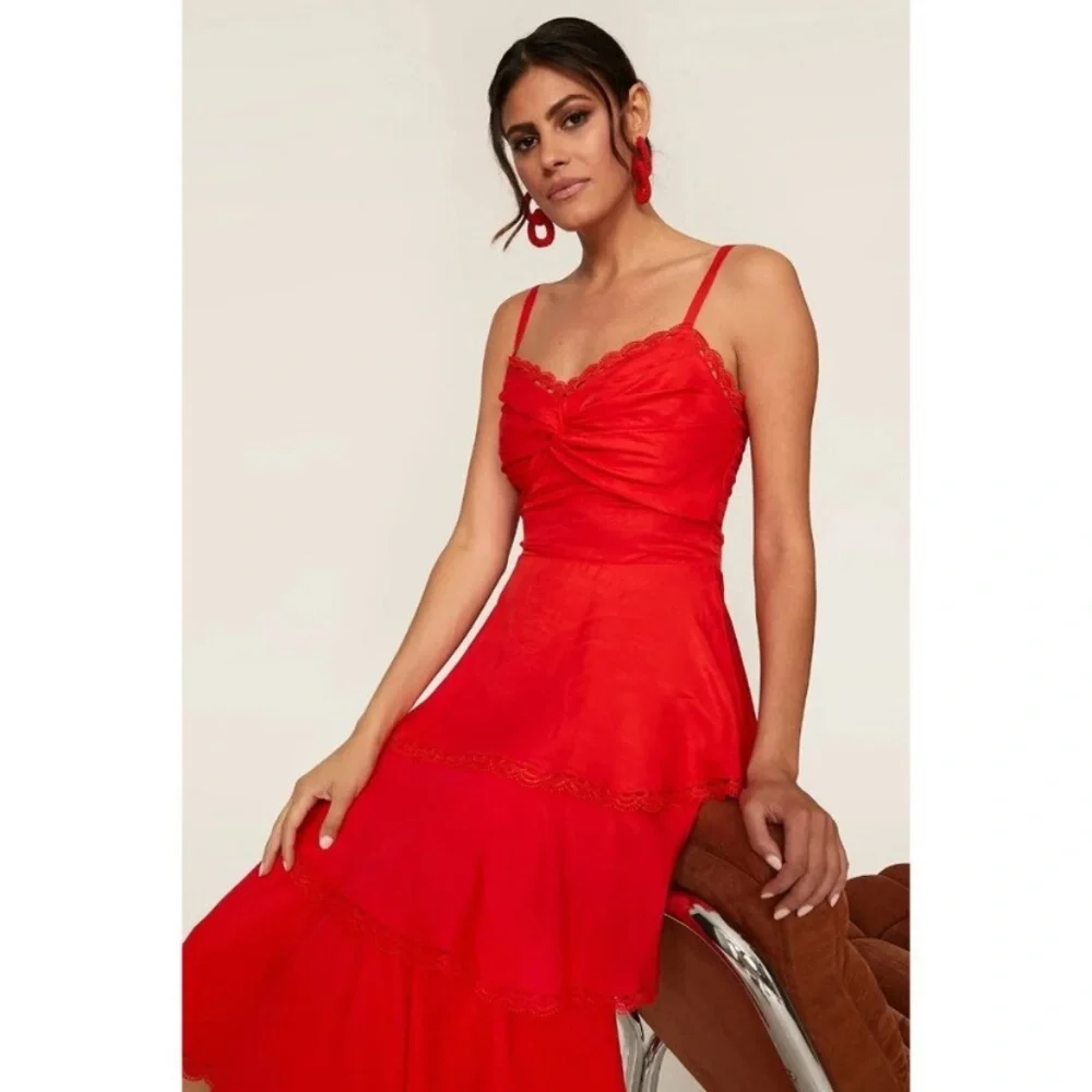 Marchesa Notte Tiered Lace Trim Midi Dress Size 0 Red Glam Holiday Event Wedding